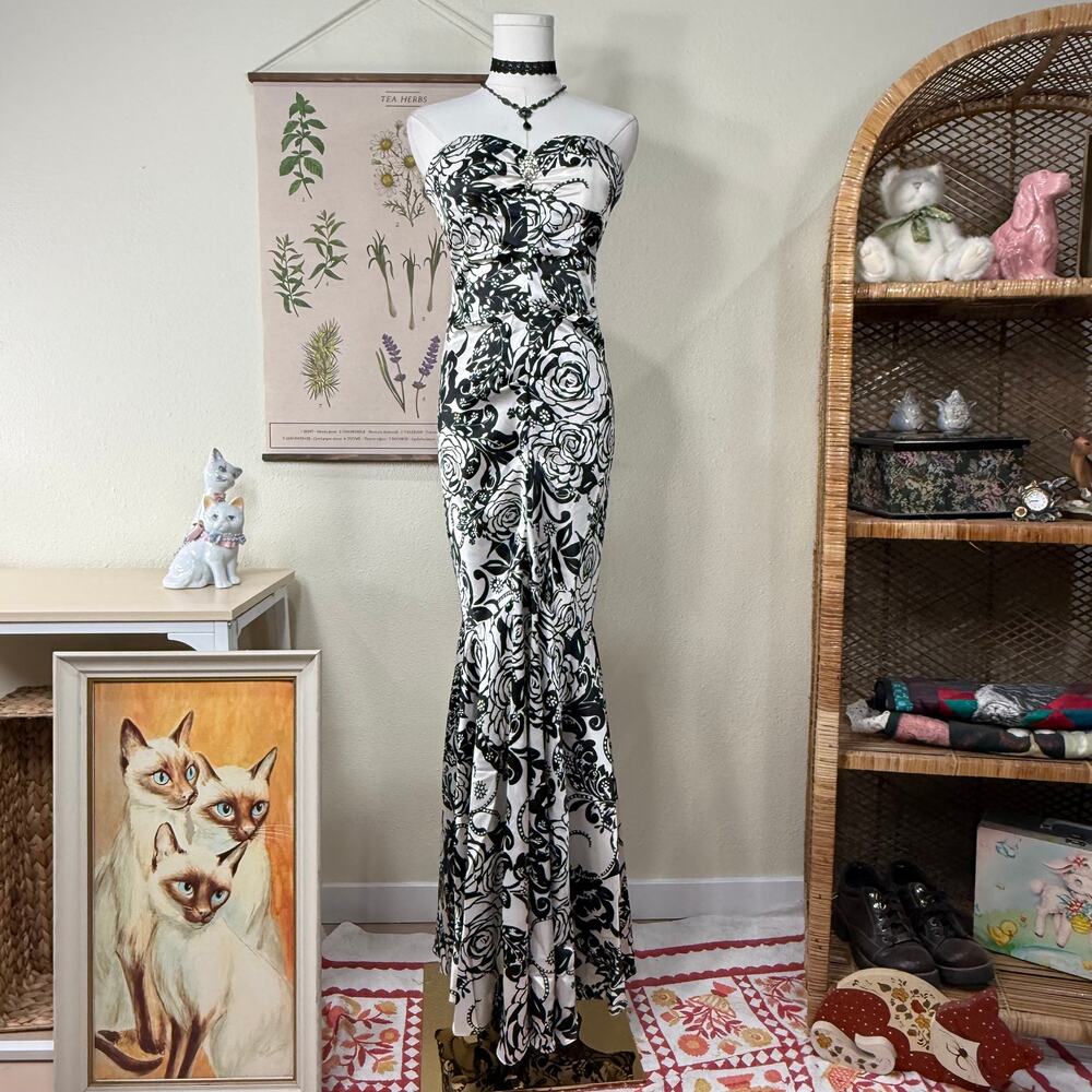 Y2k Floral Satin Strapless Mermaid Formal Dress Sexy Dark Coquette Romantic S 6